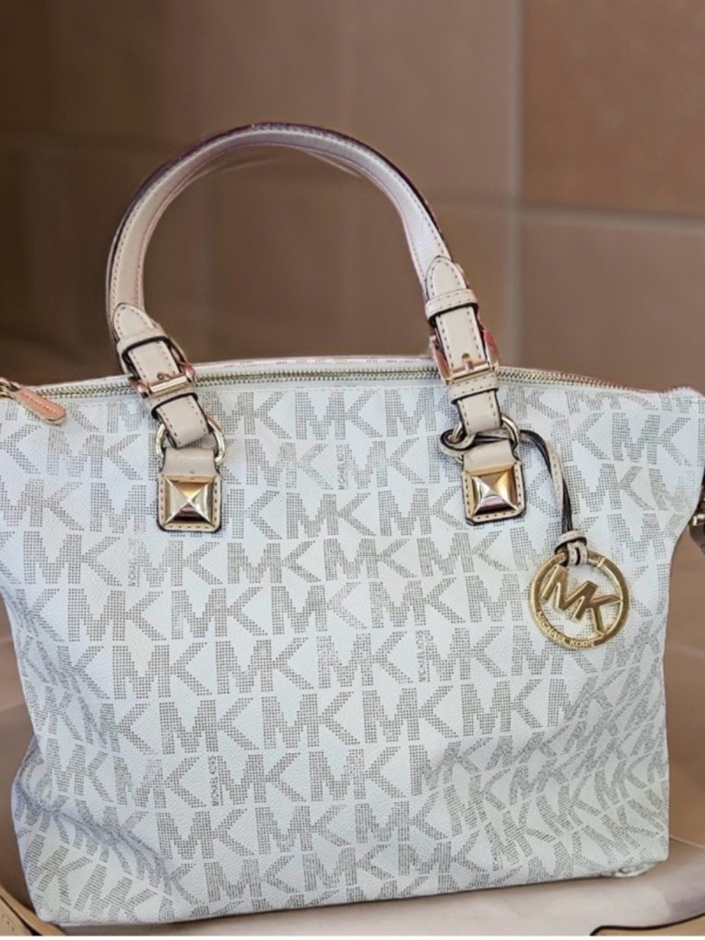 Michael Kors Cream/Beige MK Signature Satchel with Gold Charm